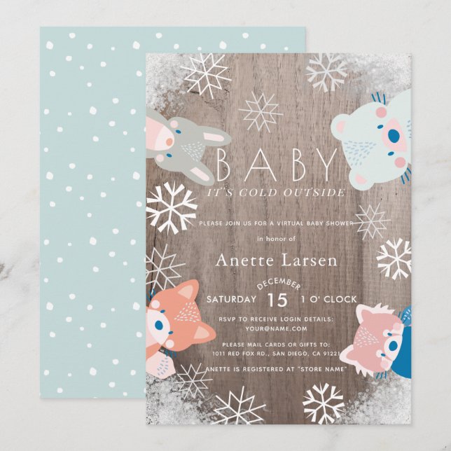 Winter Woodland Animals Blue Virtual Baby Shower Invitation (Front/Back)