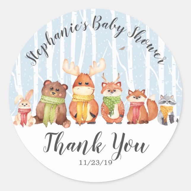 Winter Woodland Animals Boys Shower Favour Sticker (Front)