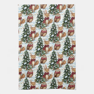Winter Woodland Animals Christmas Pattern Tea Towel