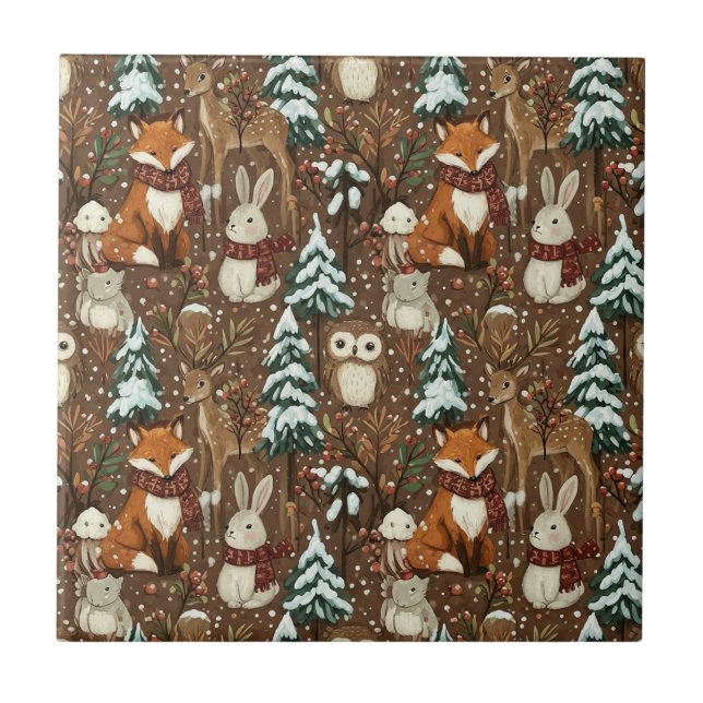Winter Woodland Animals Christmas Pattern Tile (Front)