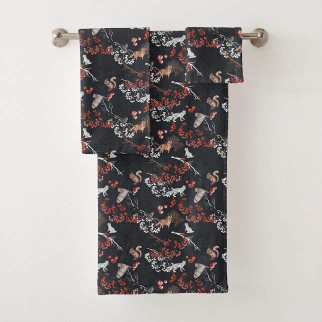 Winter Woodland Animals Dark Blue Bath Towel Set (Insitu)