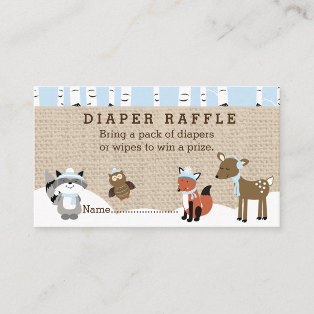 Winter Woodland Animals Diaper Raffle Cards Blue (Front)