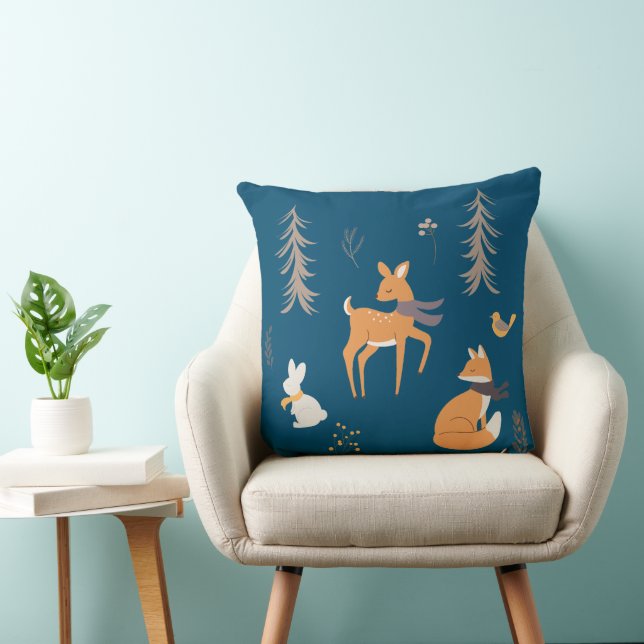 Winter Woodland Animals Folk Art Blue Christmas Cushion (Chair)