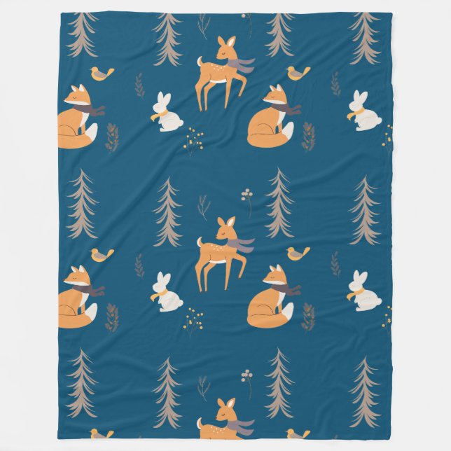 Winter Woodland Animals Folk Art Blue Christmas Fleece Blanket (Front)