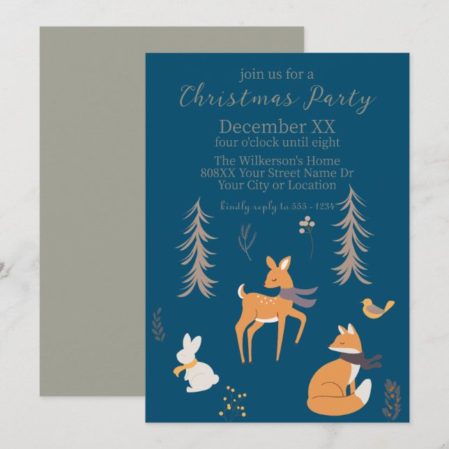 Winter Woodland Animals Folk Art Blue Christmas Invitation (Front/Back)