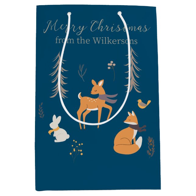 Winter Woodland Animals Folk Art Blue Christmas Medium Gift Bag (Front)