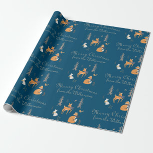 Winter Woodland Animals Folk Art Blue Christmas Wrapping Paper