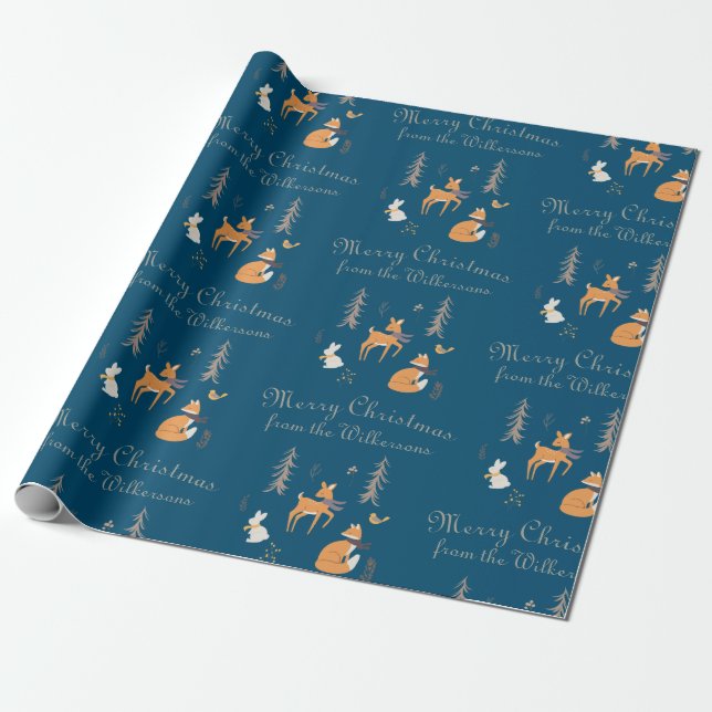 Winter Woodland Animals Folk Art Blue Christmas Wrapping Paper (Unrolled)