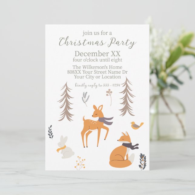 Winter Woodland Animals Folk Art Christmas Invitation (Standing Front)