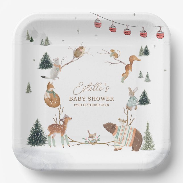Winter Woodland Animals Forest Baby Shower Paper Plate (Front)