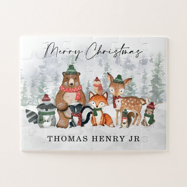 Winter Woodland Animals Merry Christmas Holiday Jigsaw Puzzle (Horizontal)