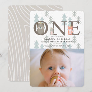 Winter Woodland Animals Photo 1st Birthday Invitation