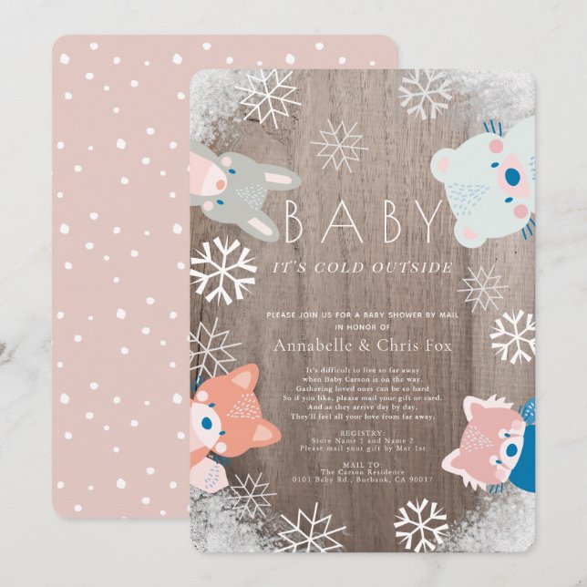 Winter Woodland Animals Pink Baby Shower by Mail Invitation (Front/Back)