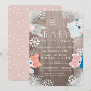 Winter Woodland Animals Pink Drive-by Baby Shower Invitation