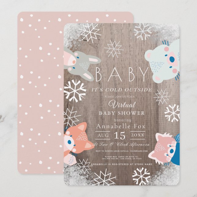 Winter Woodland Animals Pink Virtual Baby Shower Invitation (Front/Back)