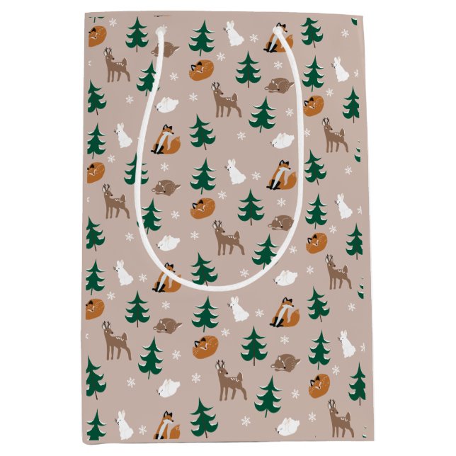 Winter Woodland Animals Snow Covered Trees Pattern Medium Gift Bag (Front)