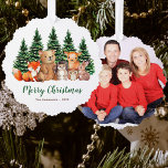 Winter Woodland Animals Watercolor Merry Christmas Tree Decoration Card<br><div class="desc">A Christmas design with woodland / forest animals theme. There is a group of cute forest animals painted in watercolor: a red fox, a brown bear, a hedgehog, a deer, an owl and a rabbit., with green pine trees with snow behind them. The text "Merry Christmas" is in green handwriting...</div>