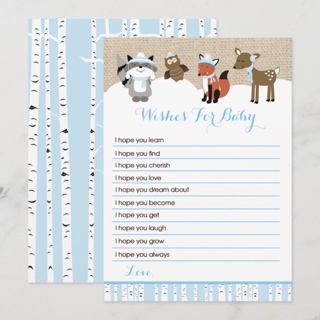 Winter Woodland Animals Wishes for Baby (Blue) Invitation (Front/Back)