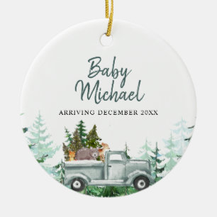 Winter woodland Baby Boy Pregnancy Announcement Ceramic Tree Decoration
