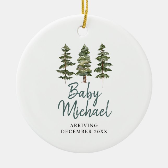 Winter woodland Baby Boy Pregnancy Announcement Ceramic Tree Decoration (Front)