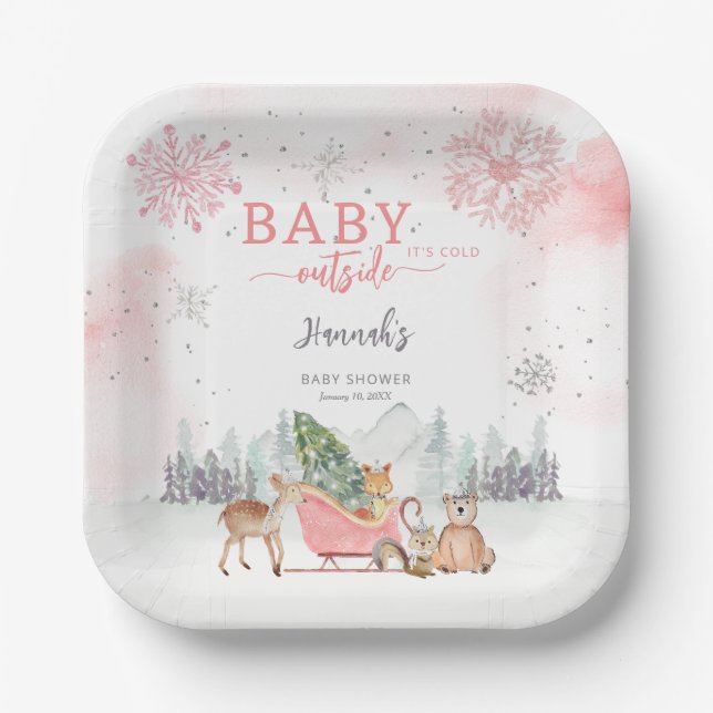 Winter Woodland Baby It's Cold Outside Baby Shower Paper Plate (Front)