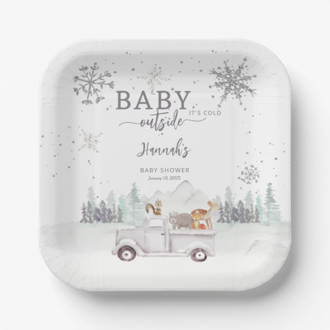 Winter Woodland Baby It's Cold Outside Baby Shower Paper Plate (Front)