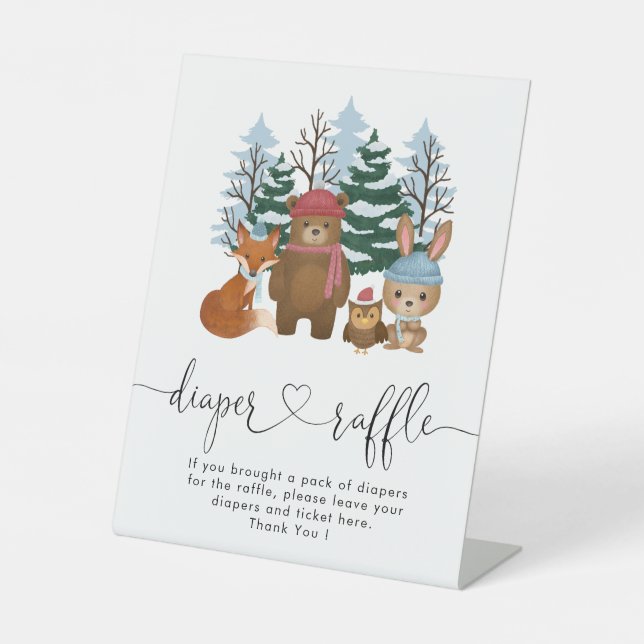 Winter Woodland Baby Shower Diaper Raffle Pedestal Sign (Front)