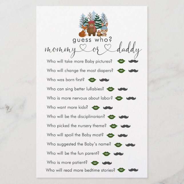 Winter Woodland Baby Shower Guess Who Game (Front)