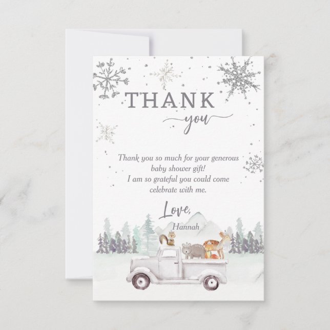 Winter Woodland Baby Shower Photo Thank You Card (Front)