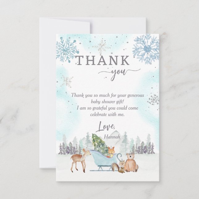 Winter Woodland Baby Shower Photo Thank You Card (Front)