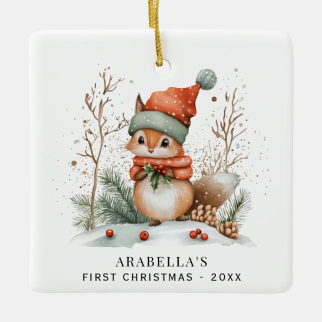 Winter Woodland Baby's First Christmas Photo Ceramic Ornament (Front)