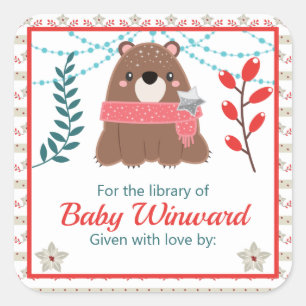 Winter Woodland Bear Baby Library Bookplate Square Sticker
