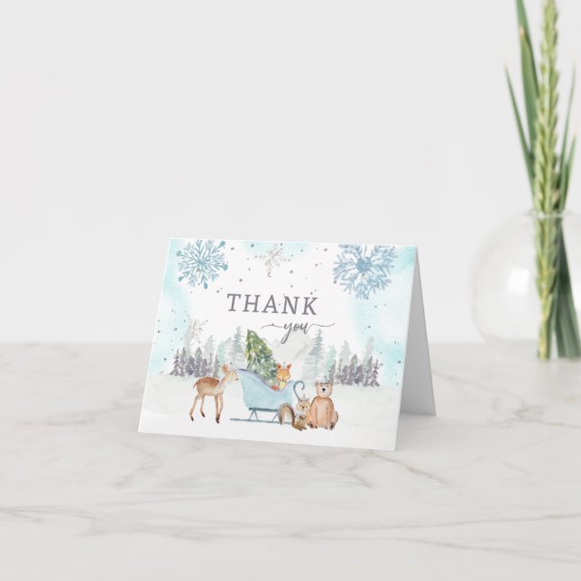 Winter Woodland Blue Baby Shower Thank You Card (Front)