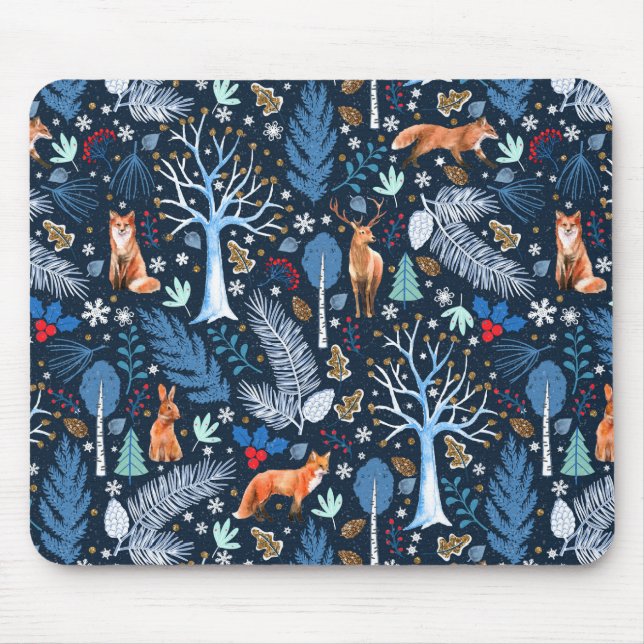 Winter Woodland Blue/Gold ID785 Mouse Mat (Front)