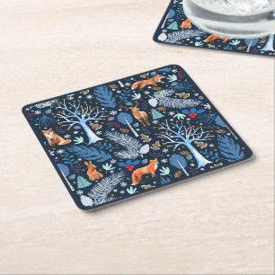 Winter Woodland Blue/Gold ID785 Square Paper Coaster