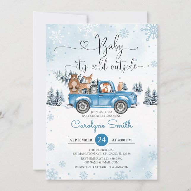 Winter Woodland Blue Truck Baby Shower Invitation (Front)