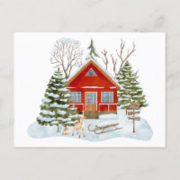 Winter Woodland Cabin and Forest Visitors 