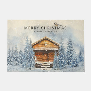 Winter Woodland Cabin Merry Christmas Doormat