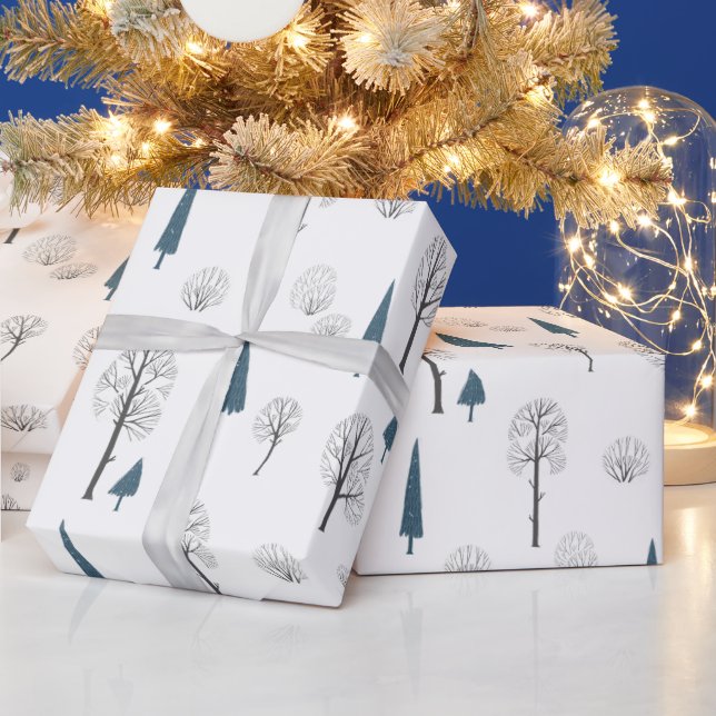 Winter Woodland Christmas Trees Minimalist Blue Wrapping Paper (Holidays)