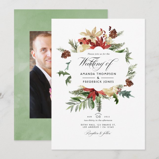 Winter Woodland Christmas Wedding Photo Invitation (Front/Back)