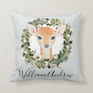 Winter Woodland Deer Botanical Floral Wreath Fawn Cushion