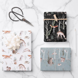 Winter Woodland Deer Fox Owl Bear Forest Wrapping Paper Sheet