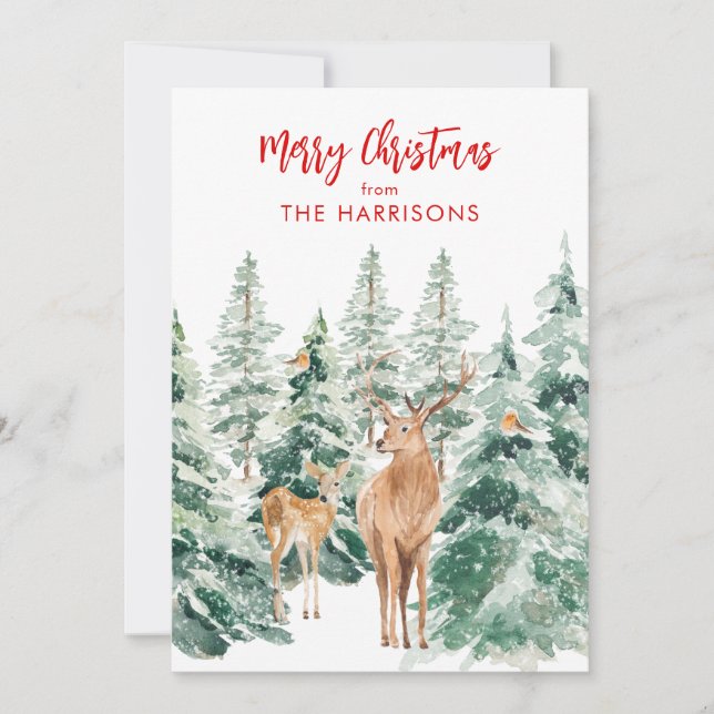 Winter Woodland Deer Merry Christmas Holiday Card (Front)
