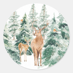Winter Woodland Deer Rustic Christmas Classic Round Sticker