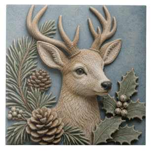 Winter Woodland Deer with Holly & Pine Cones Tile