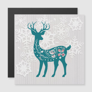 Winter Woodland Elk Deer Snowflake Magnet Card