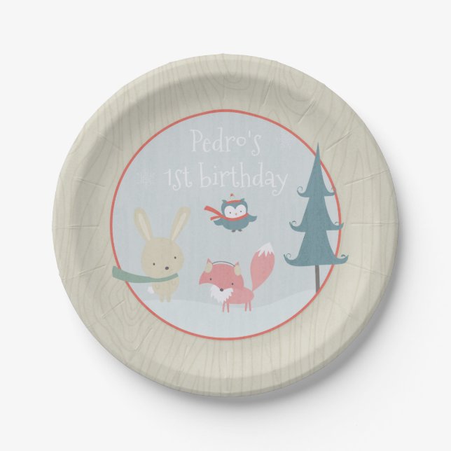 Winter Woodland First Birthday Forest Animals Boy Paper Plate (Front)
