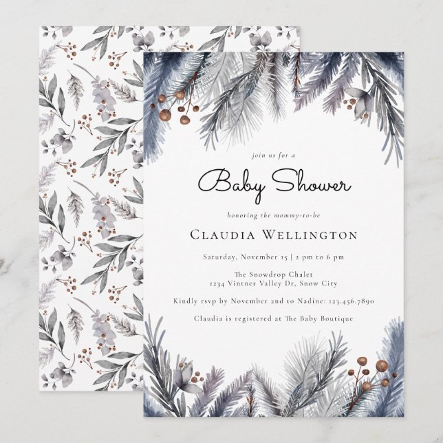 Winter Woodland Foliage Watercolor Baby Shower Invitation (Front/Back)