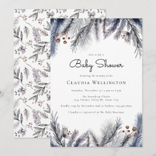 Winter Woodland Foliage Watercolor Baby Shower Invitation