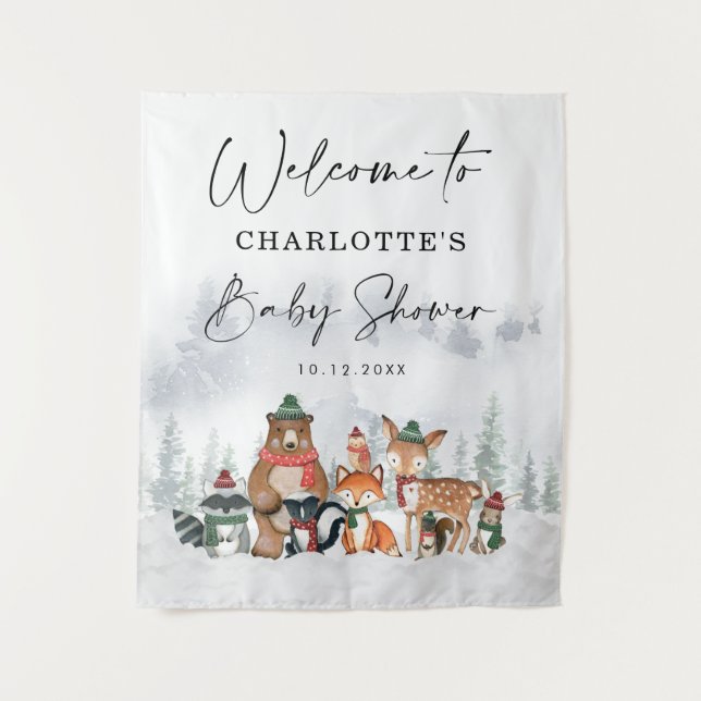 Winter Woodland Forest Animals Baby Shower Welcome Tapestry (Front)